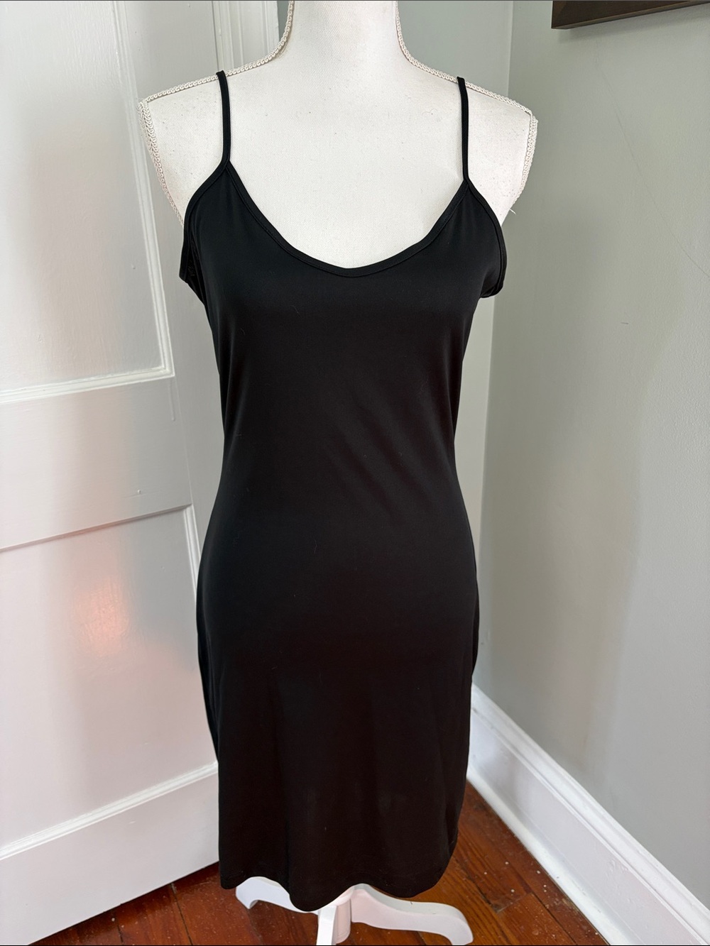 Vintage 1990s Lapis Black Midi Slip Dress with Spaghetti Straps Size Medium